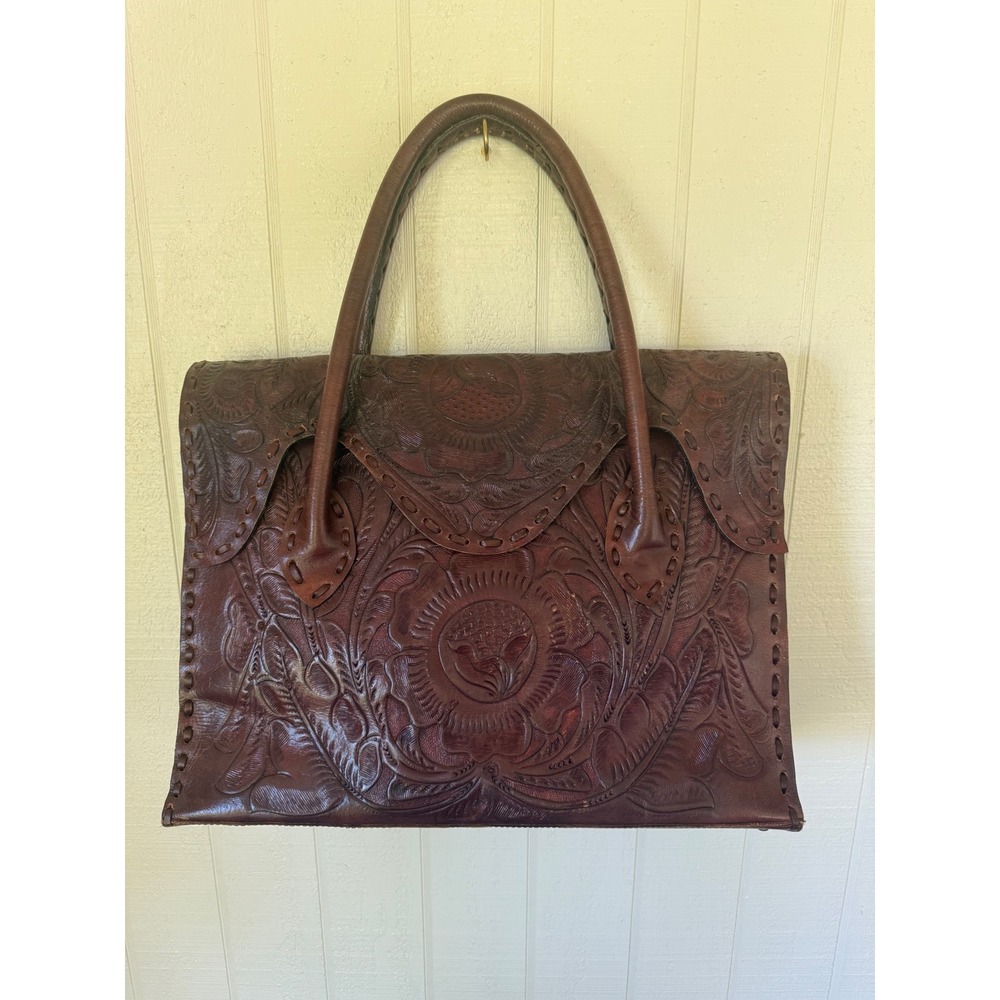 Hand-Tooled Floral Leather Tote in Dark Brown - Picture 2 of 8